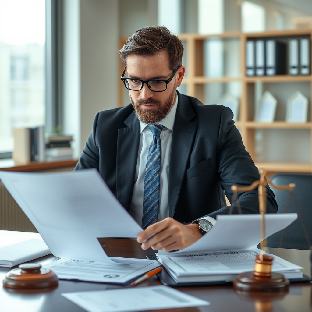Real estate lawyer reviewing property contracts to ensure legal compliance
