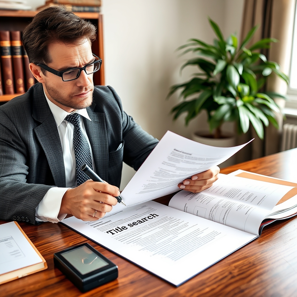 Real estate lawyer conducting a title search to verify property ownership